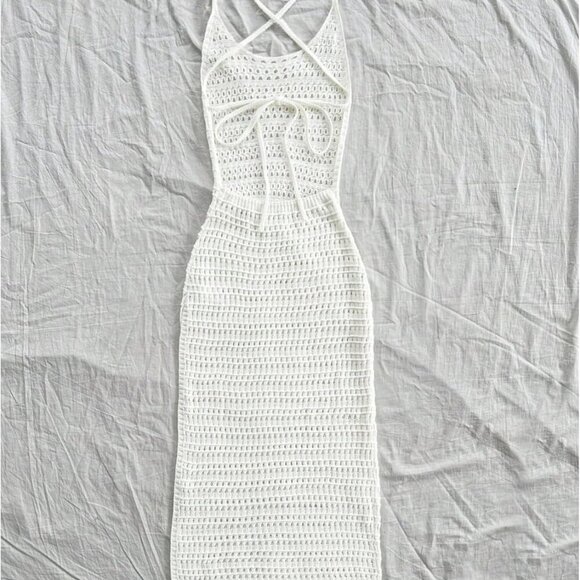 Women's Knitted Maxi Dress High Slit Backless Hollow Out Sleeveless - Picture 2 of 6